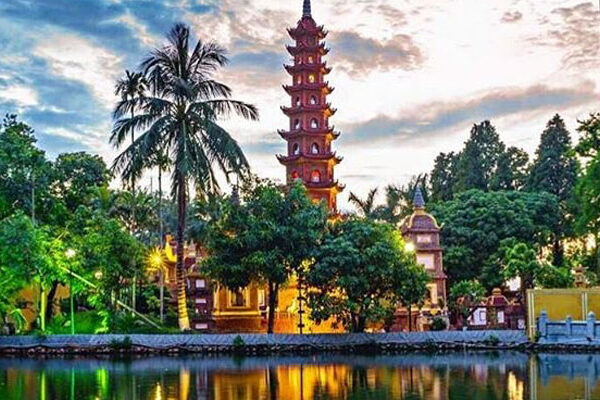 A scenic view of Tran Quoc Pagoda during a Hanoi City Tour